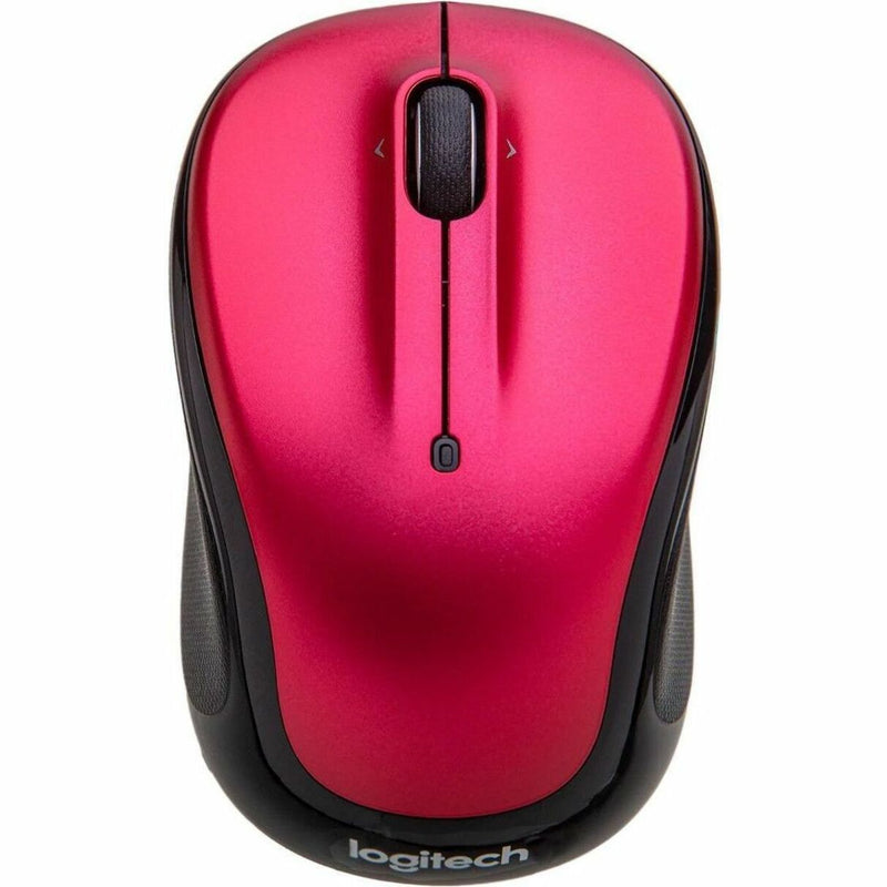 Logitech M325s wireless mouse in brilliant red color with black accents, showing top view with scroll wheel and ergonomic design