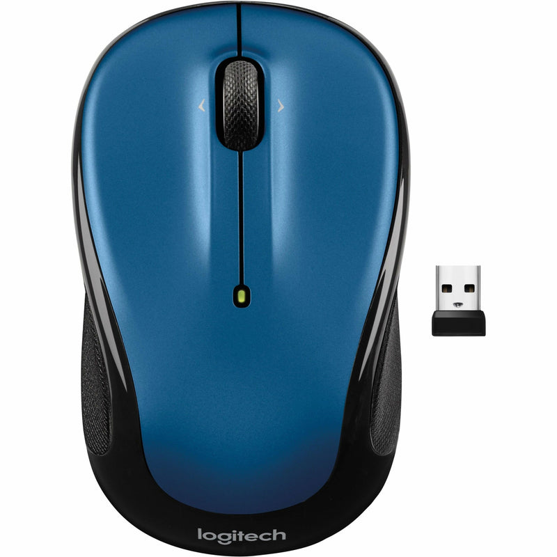 Logitech M325S wireless mouse in ocean blue color with black accents and USB receiver, showing ergonomic design and scroll wheel