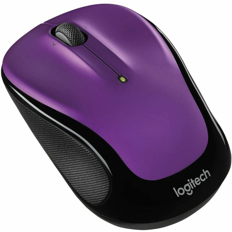 Logitech M325S wireless mouse in vivid violet color shown from side angle featuring ergonomic design and textured scroll wheel