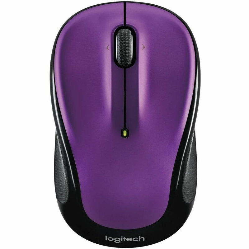 Top view of Logitech M325S wireless mouse in violet showing symmetrical design and LED indicator