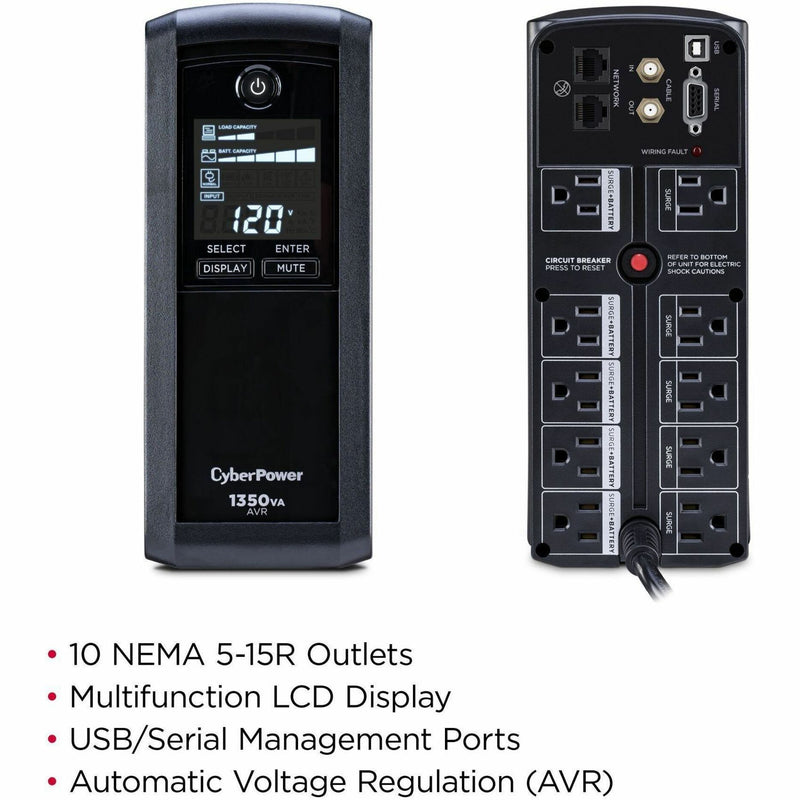 Split view showing front LCD display and rear outlet panel of CyberPower CP1350AVRLCD3 UPS