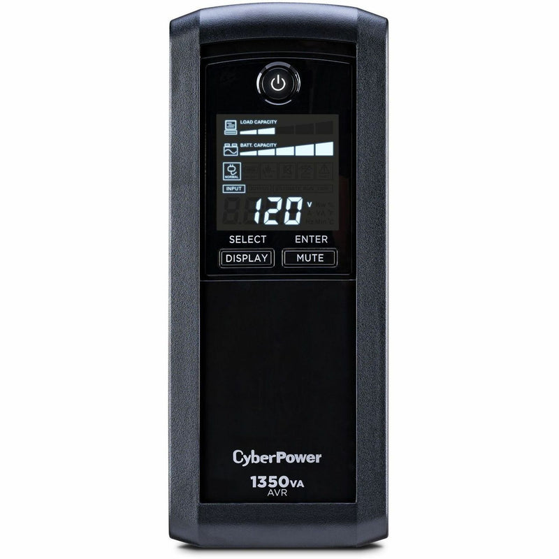 Front view of CyberPower CP1350AVRLCD3 UPS showing LCD display panel with power metrics and control buttons