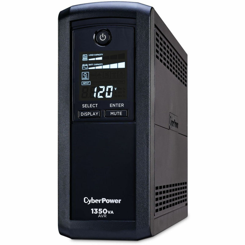 Angled view of CyberPower CP1350AVRLCD3 UPS highlighting control panel and display features