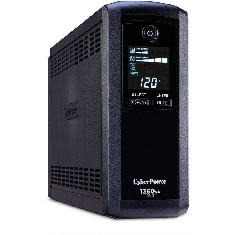 Side angle view of CyberPower CP1350AVRLCD3 UPS showing ventilation design and compact form factor