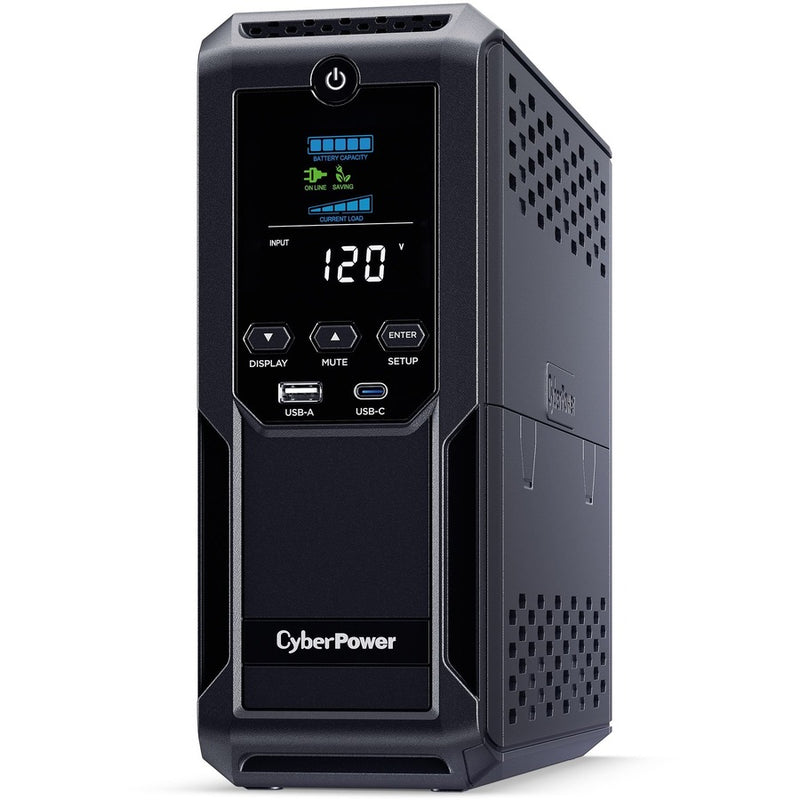 Angled view of CyberPower CP1500AVRLCD3 showing display panel and housing design