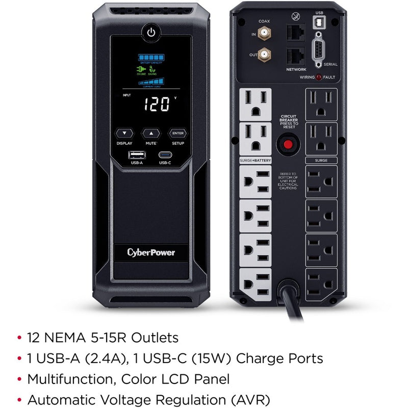 Front and rear view comparison of CyberPower CP1500AVRLCD3 showing all features