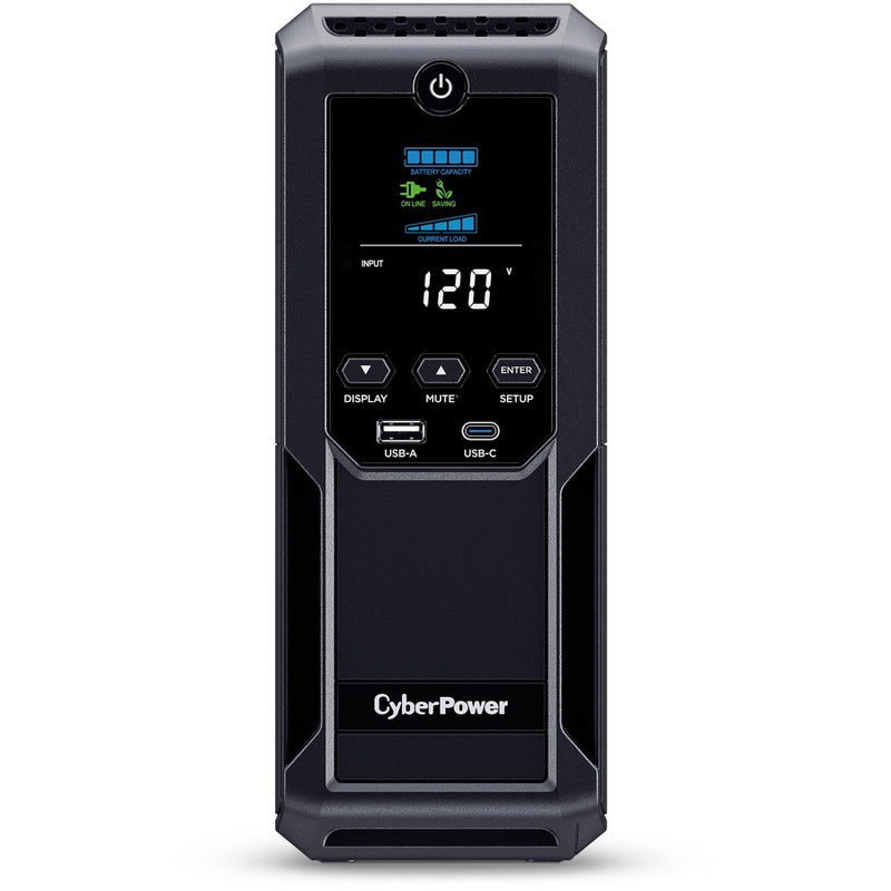 Front view of CyberPower CP1500AVRLCD3 UPS showing LCD display panel with power metrics and USB ports