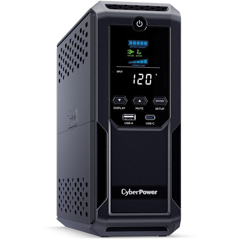 Side angle view of CyberPower CP1500AVRLCD3 UPS showing ventilation pattern and compact design