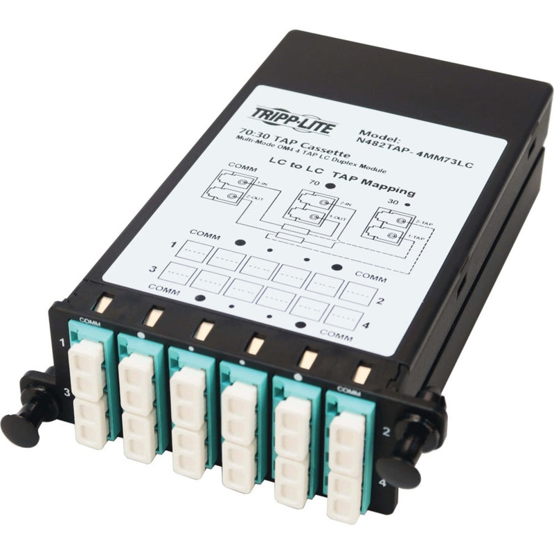 Tripp Lite N482TAP-4MM73LC multimode TAP cassette showing LC port configuration and mapping diagram