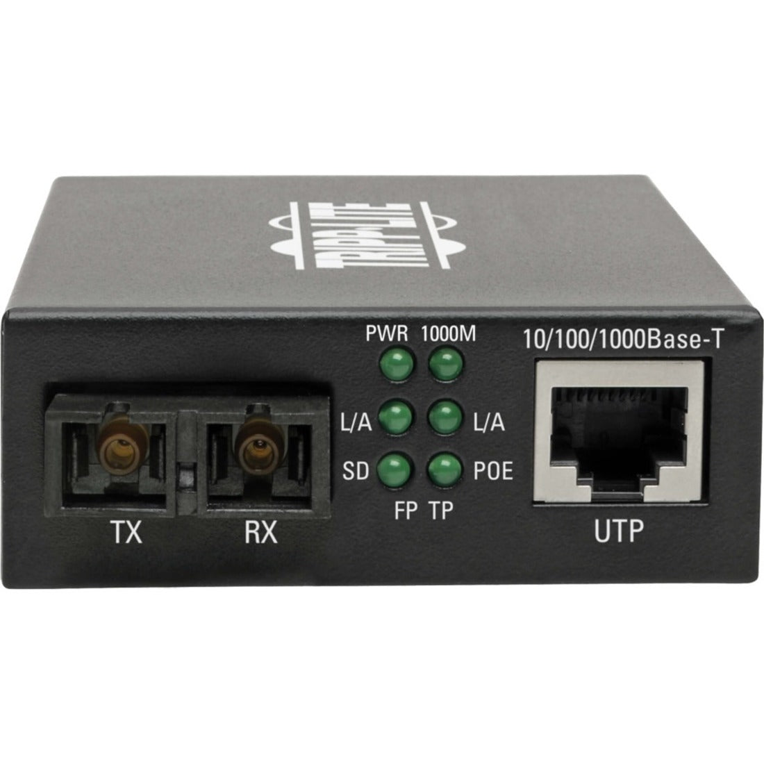 Detailed view of media converter ports showing fiber optic TX/RX ports, LED indicators, and RJ45 connection-alternate-image3