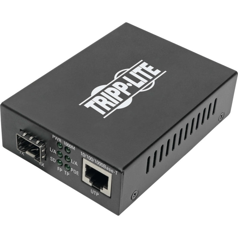 Front view of Tripp Lite N785-INT-PSFP media converter showing LED indicators and network ports