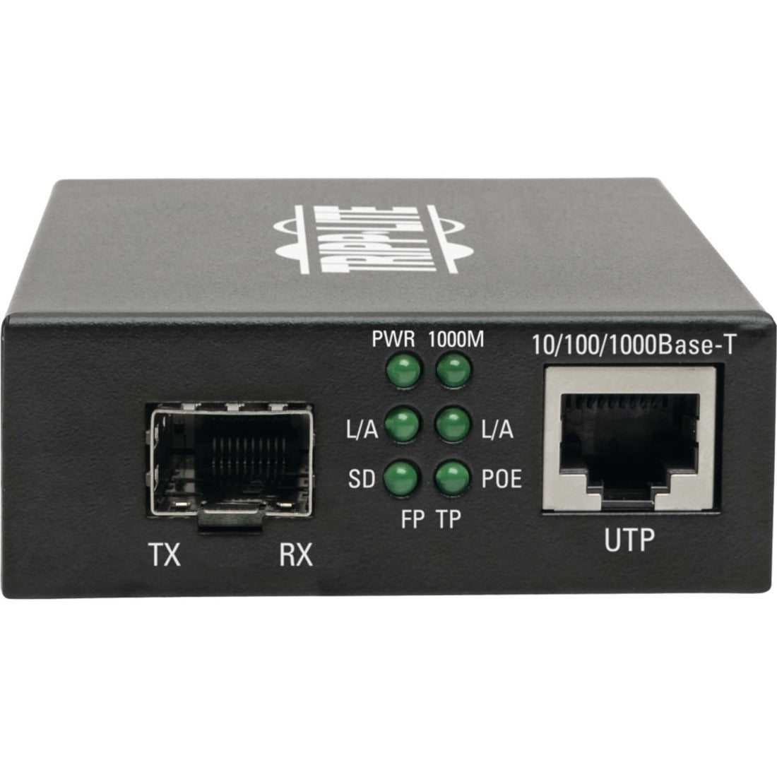 Close-up view of Tripp Lite media converter ports showing TX/RX fiber port and UTP connection-alternate-image2