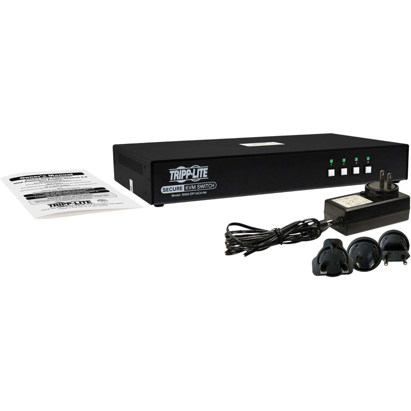 Complete package contents of Tripp Lite Secure KVM Switch including power supply and manual