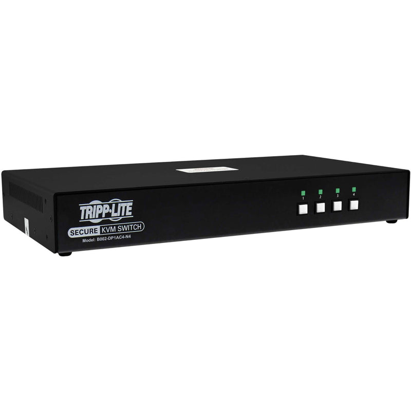 Front view of Tripp Lite B002-DP1AC4-N4 Secure KVM Switch showing four port selection buttons with status LEDs