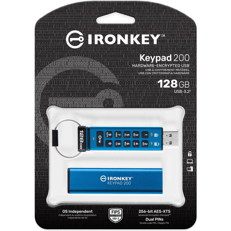 Retail packaging of Kingston IronKey Keypad 200 displaying security features and specifications