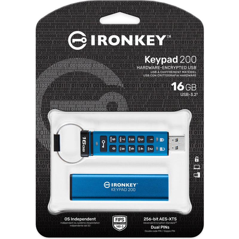 Retail packaging of Kingston IronKey Keypad 200 displaying product features and specifications