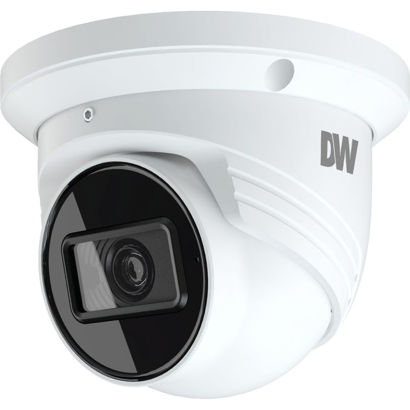 Front view of Digital Watchdog MEGApix 5MP turret IP camera in white housing with black lens assembly