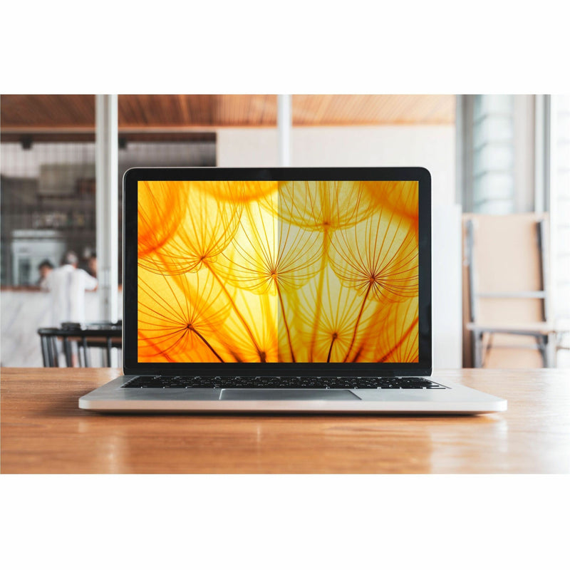 Laptop displaying vibrant image with privacy filter installed