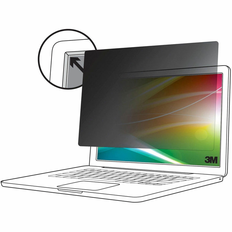 Diagram showing privacy filter installation on laptop with attachment mechanism detail