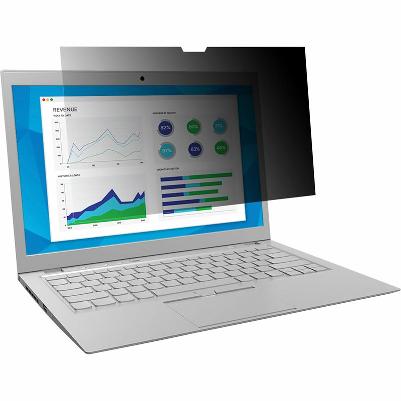 Laptop displaying business analytics charts with privacy filter protecting screen contents from side views