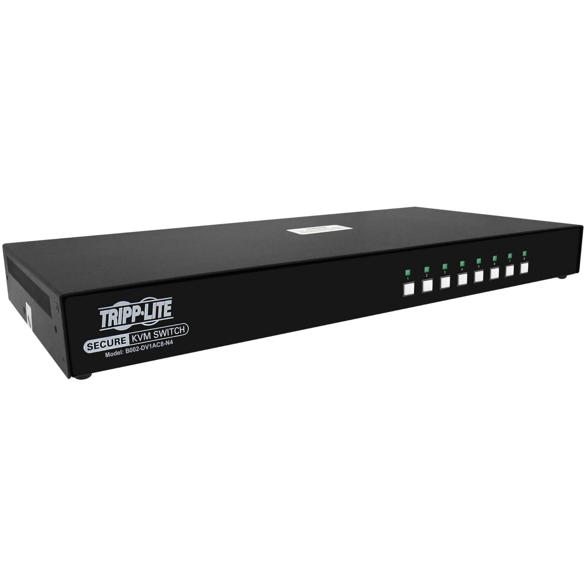 Front angled view of Tripp Lite Secure 8-Port DVI KVM Switch with LED status indicators-alternate-image1