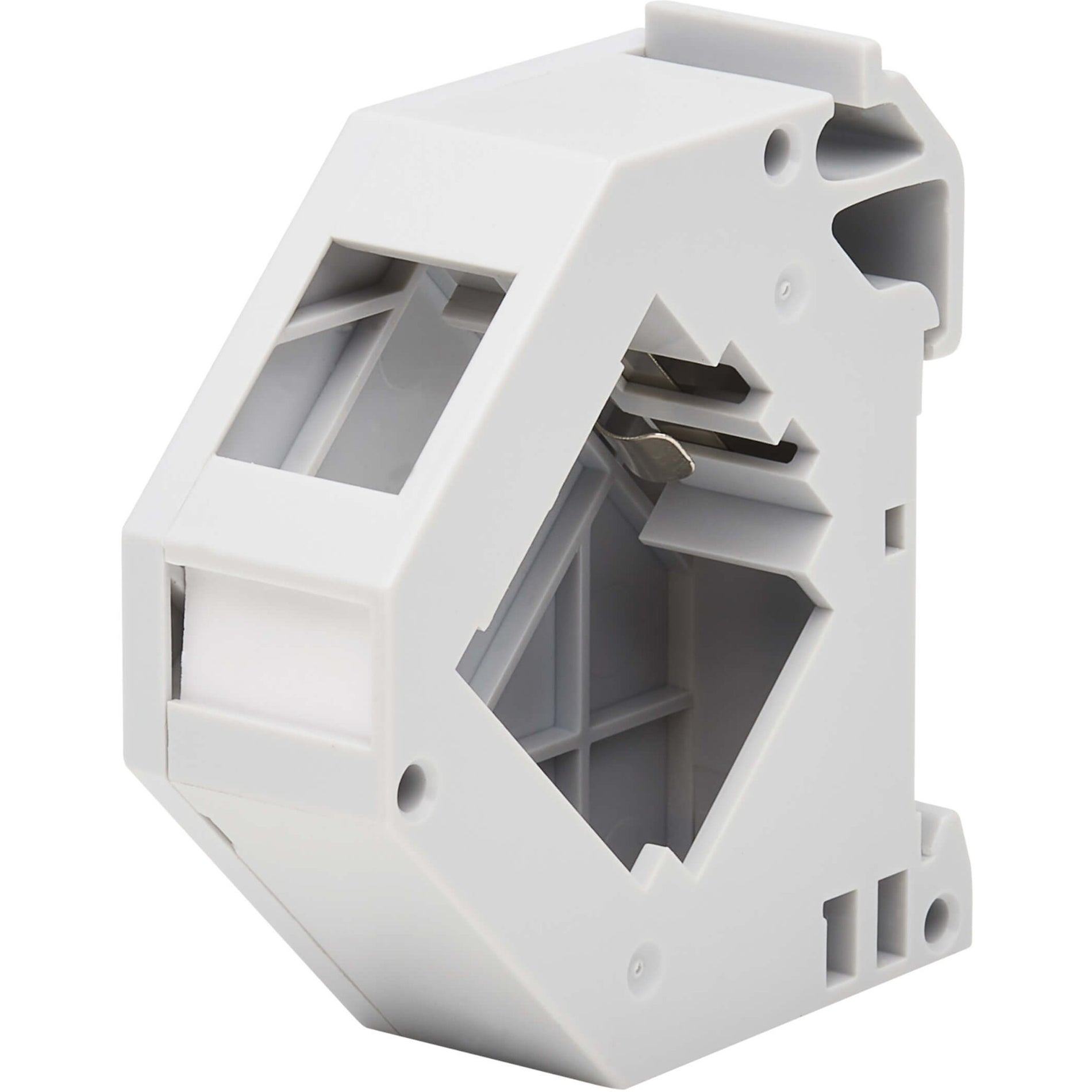 Front angled view of white DIN rail mounting enclosure showing keystone jack cutout and mounting features-alternate-image1