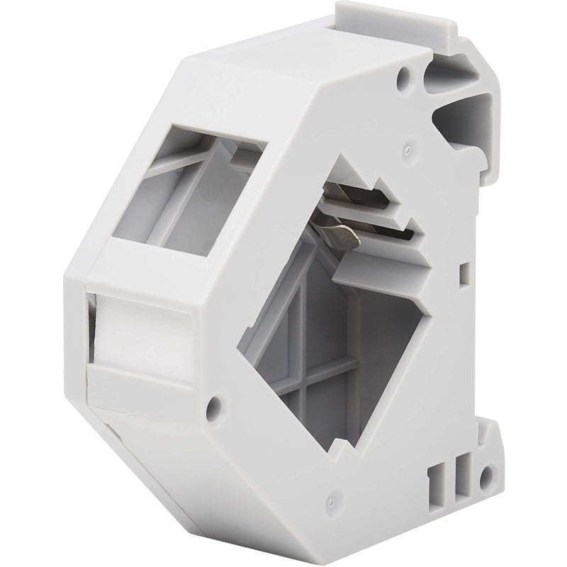 Front angled view of white DIN rail mounting enclosure showing keystone jack cutout and mounting features