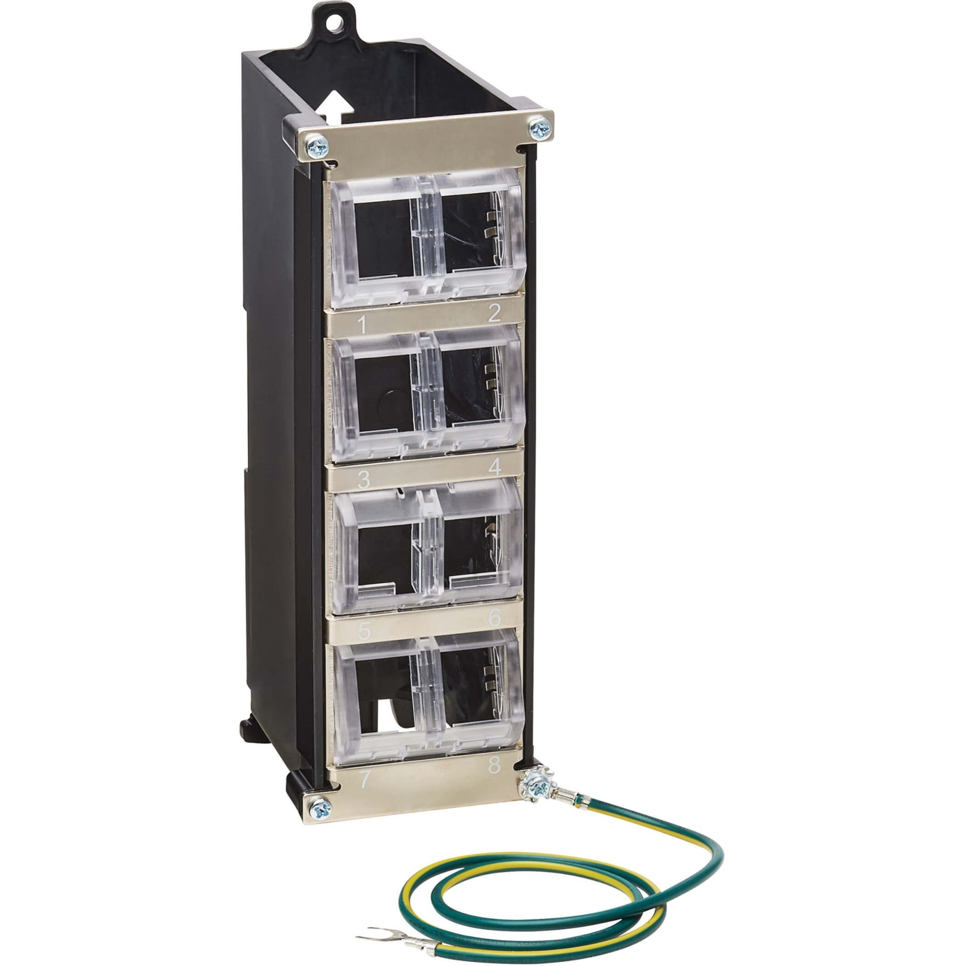 Front view of Tripp Lite N063-008-ENC industrial mounting enclosure showing eight numbered port slots and grounding wire-alternate-image1