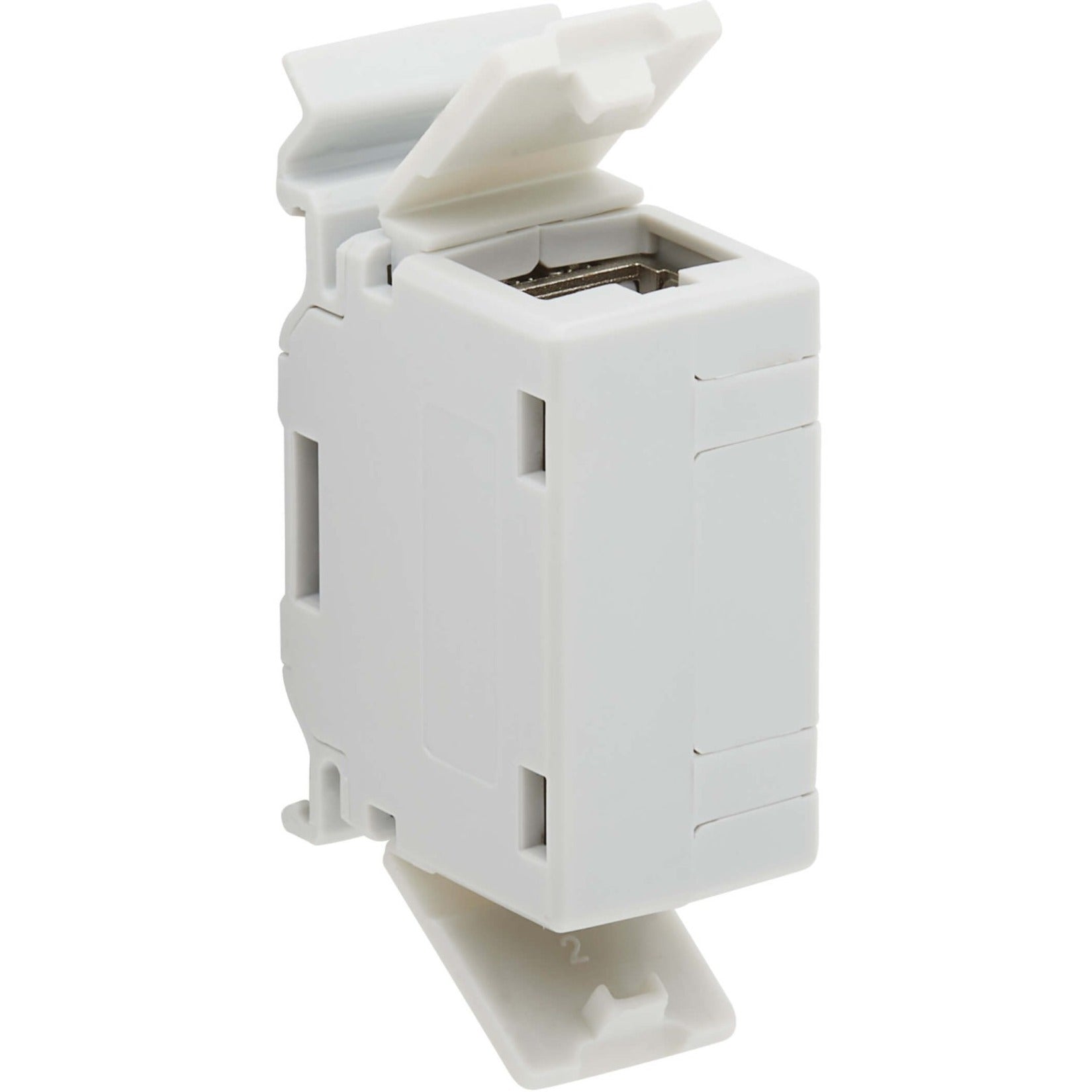 Top view of white Cat6a DIN-rail coupler with protective cover open-alternate-image1