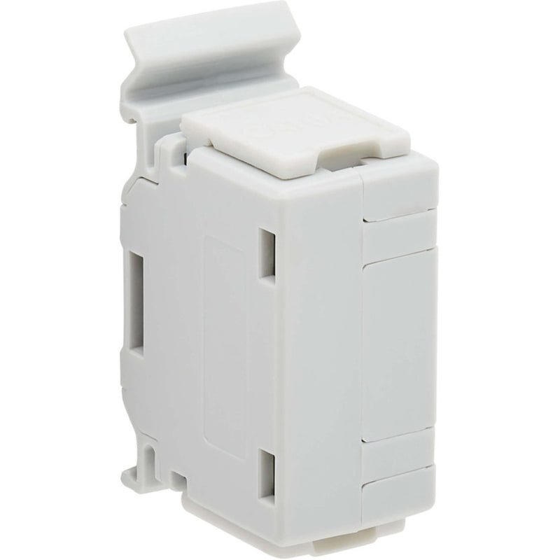 Side view of Cat6a coupler showing DIN rail mounting clip