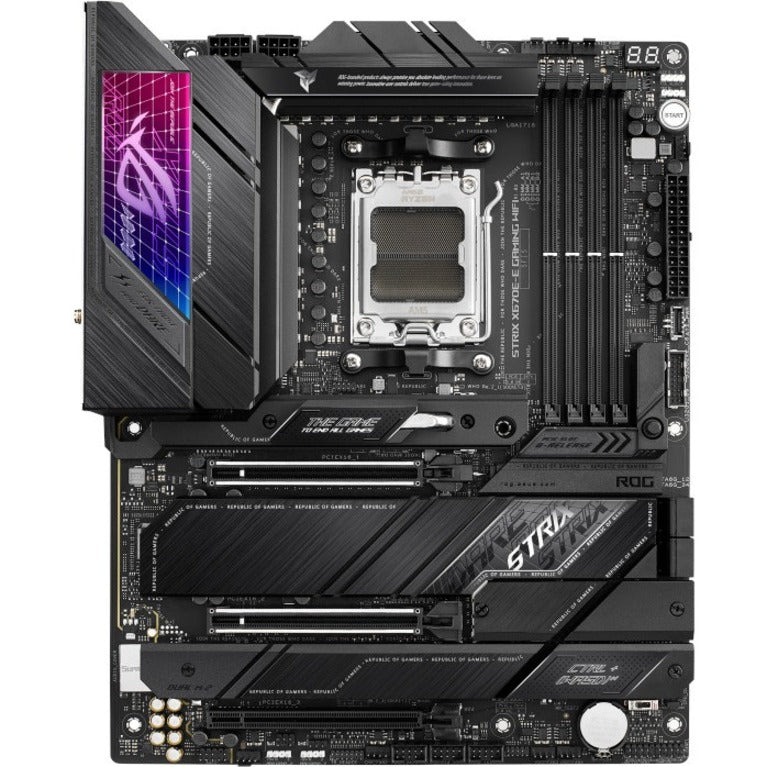 Top-down view of ROG Strix X670E-E Gaming WiFi motherboard showing AM5 socket, DDR5 slots, and PCIe expansion slots-alternate-image1