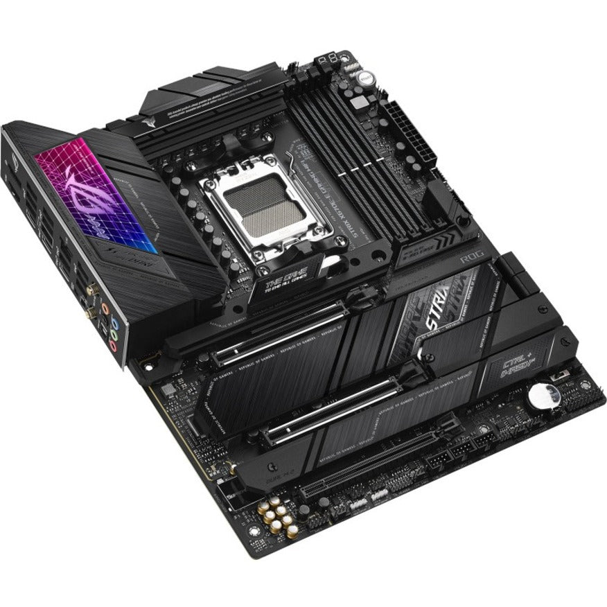 Perspective view of ROG Strix X670E-E Gaming WiFi motherboard showing connectivity features-alternate-image6