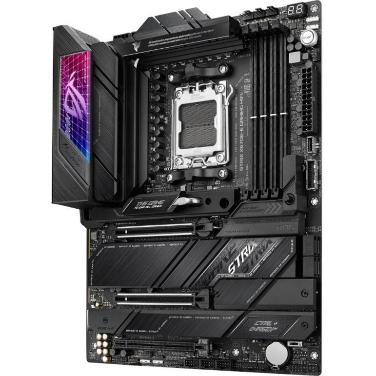 Close-up view of ROG Strix X670E-E Gaming WiFi motherboard M.2 slots and heatsink design-alternate-image3