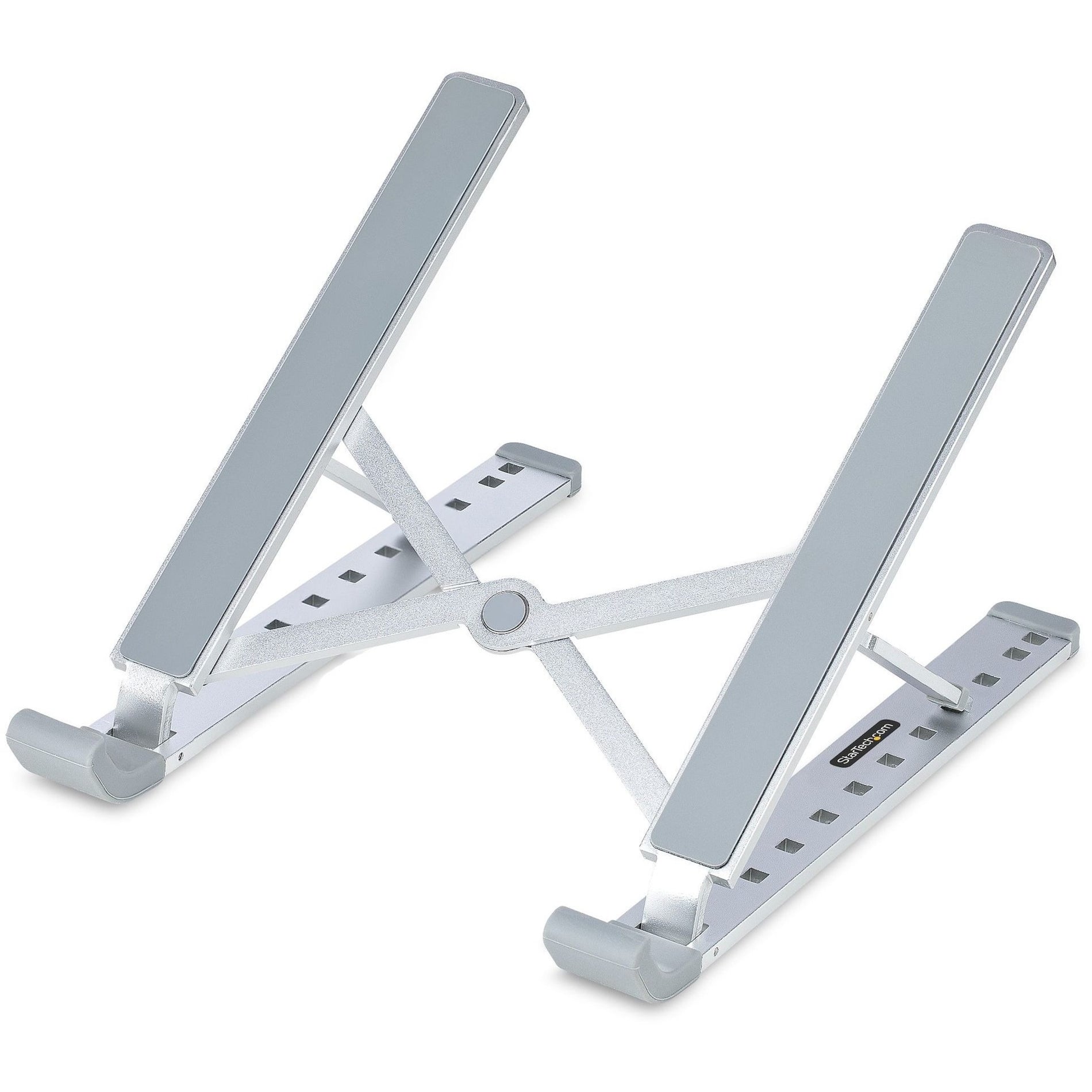 Silver aluminum laptop stand with X-frame design showing adjustable angles and anti-slip features-alternate-image1