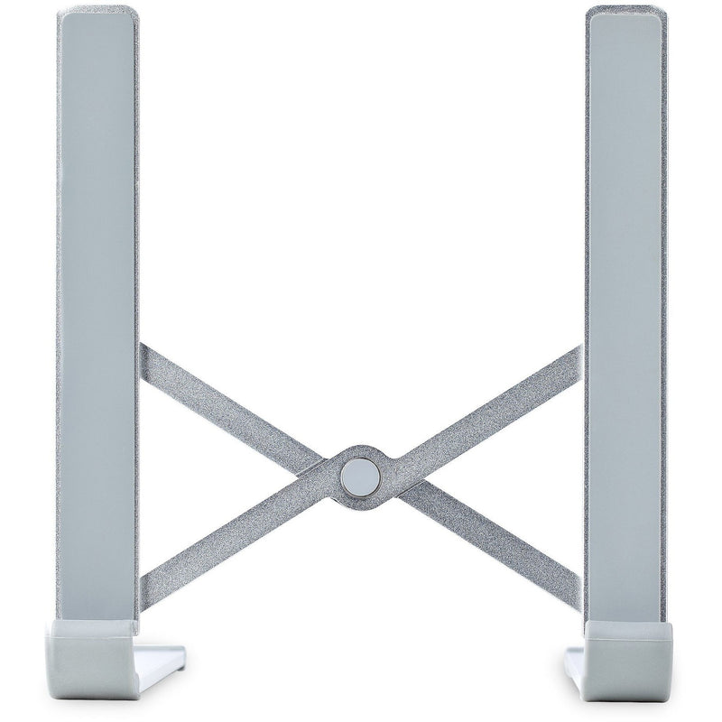 Front view of silver laptop stand showing X-frame support structure and stable base