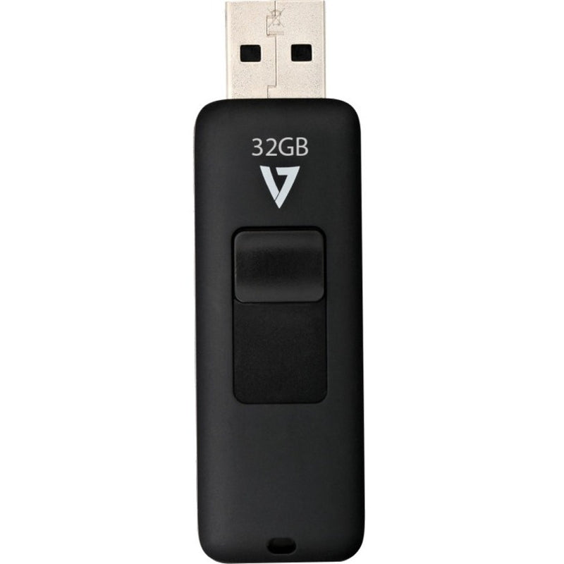 V7 32GB black USB flash drive with retractable connector and sliding mechanism