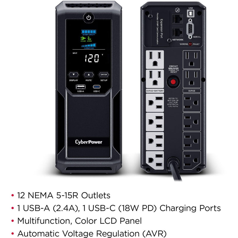 Front and rear view comparison of CyberPower UPS showing interface and outlets