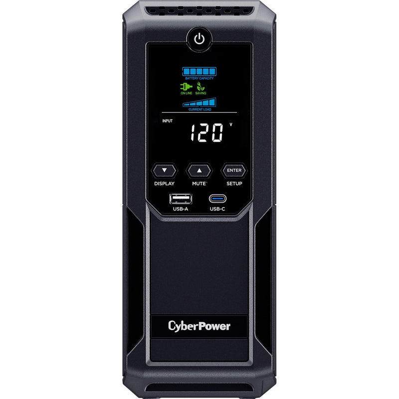 Front view of CyberPower BRG1500AVRLCD2 UPS showing LCD display interface with power metrics and USB charging ports