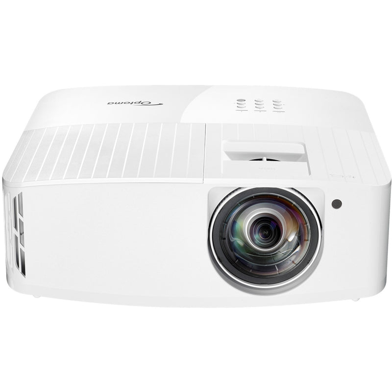 Front view of white Optoma 4K400STx projector showing premium lens and ventilation design