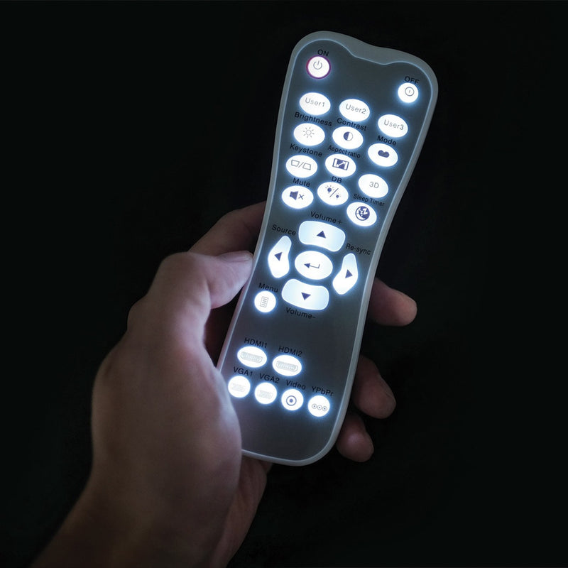 Illuminated remote control of Optoma 4K400STx showing backlit buttons in dark environment