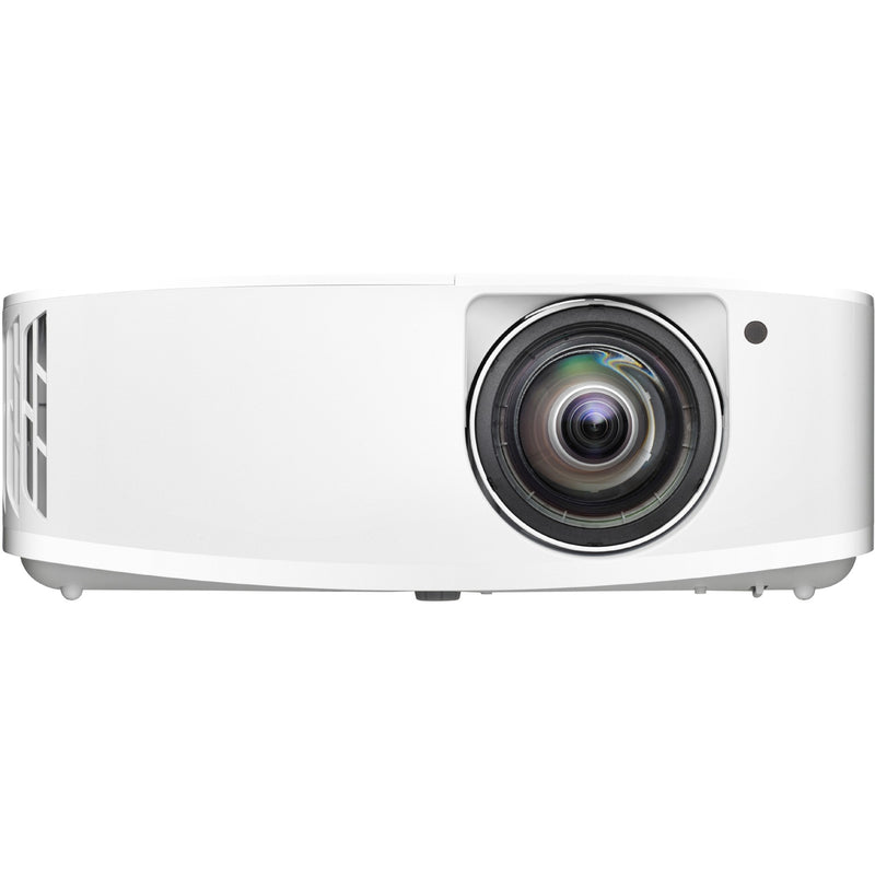 Close-up front view of Optoma 4K400STx projector highlighting the advanced lens system