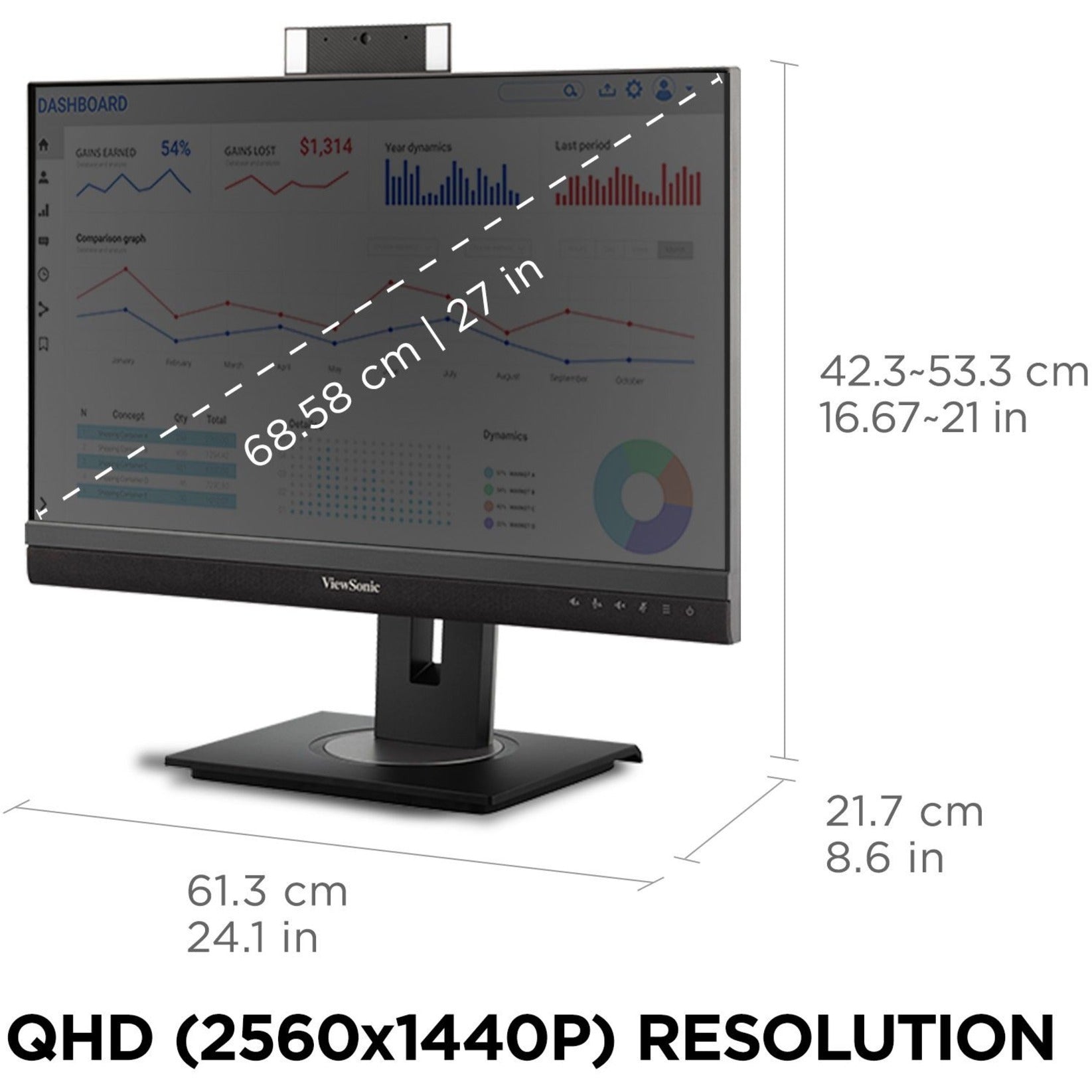 Moniteur Ergonomique Docking 27" ViewSonic VG2756V-2K avec USB-C 90W PD RJ45 et Webcam Pop-Up