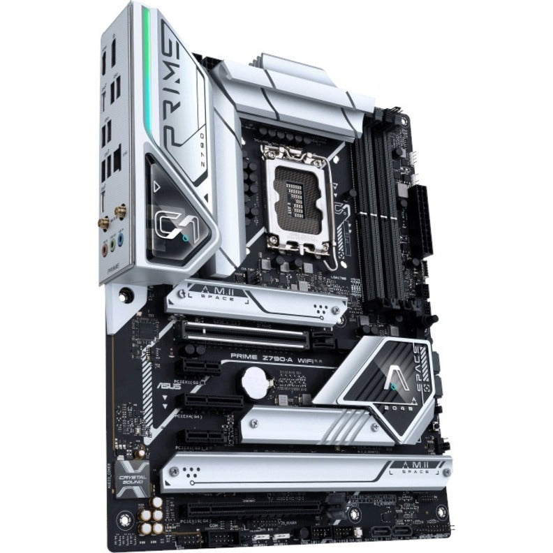 Angled view of ASUS Prime Z790-A WiFi motherboard highlighting integrated I/O shield and connectivity options