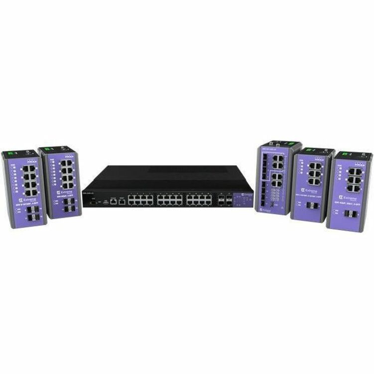 ExtremeSwitching ISW-12 industrial ethernet switch system showing main 24-port unit with multiple compact PoE switches in purple enclosures-alternate-image1