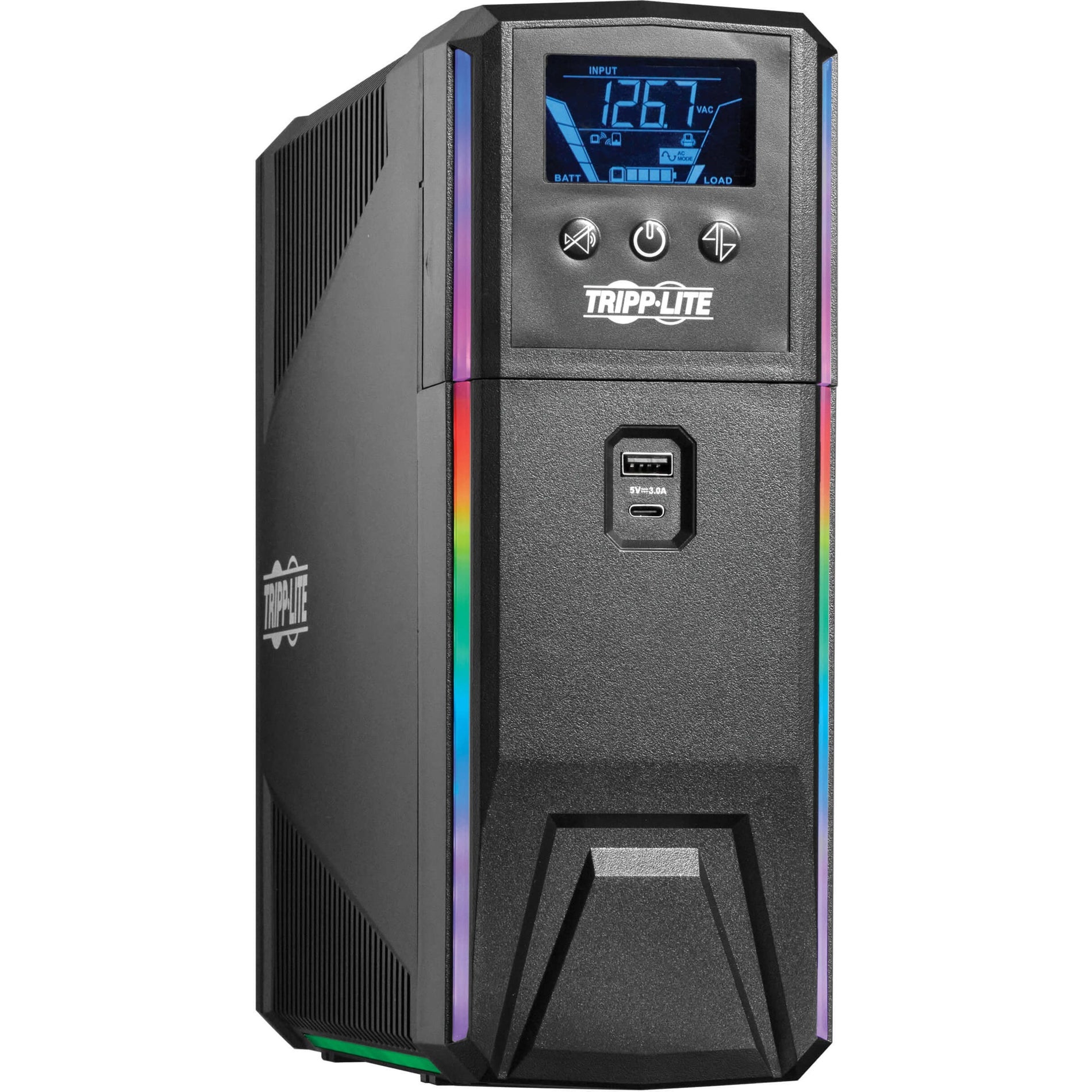 Front view of Tripp Lite SMART1000PSGLCD UPS showing LCD display, RGB lighting strips, and modern gaming aesthetic-alternate-image1