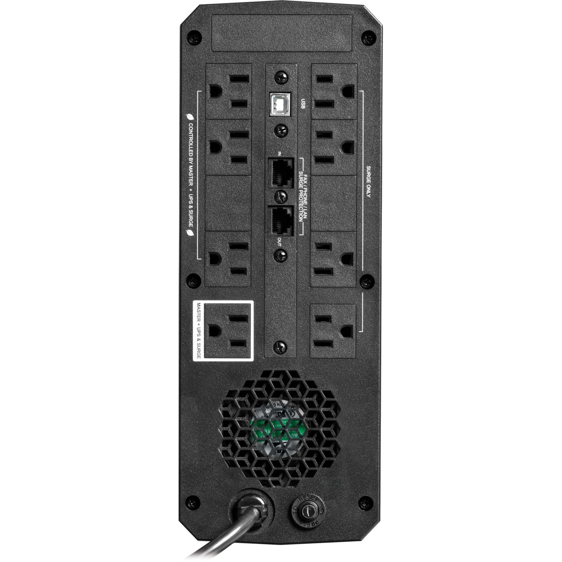 Rear view of UPS showing outlet configuration, cooling fan, and network protection ports-alternate-image5