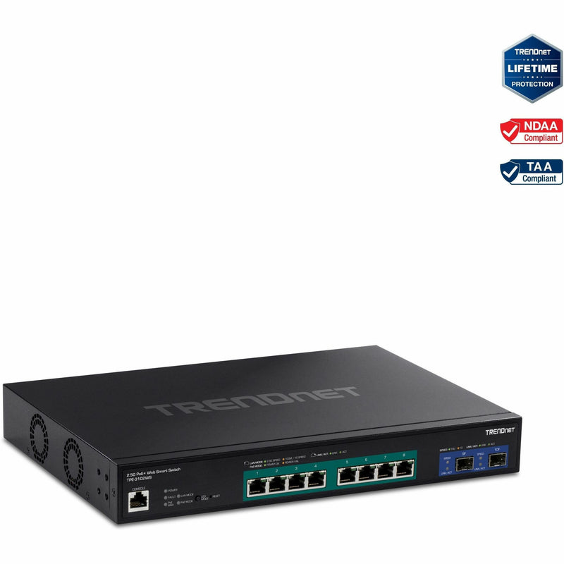 Front view of TRENDnet TPE-3102WS Multi-Gig Web Smart PoE+ Switch showing 8 PoE+ ports and 2 SFP+ slots