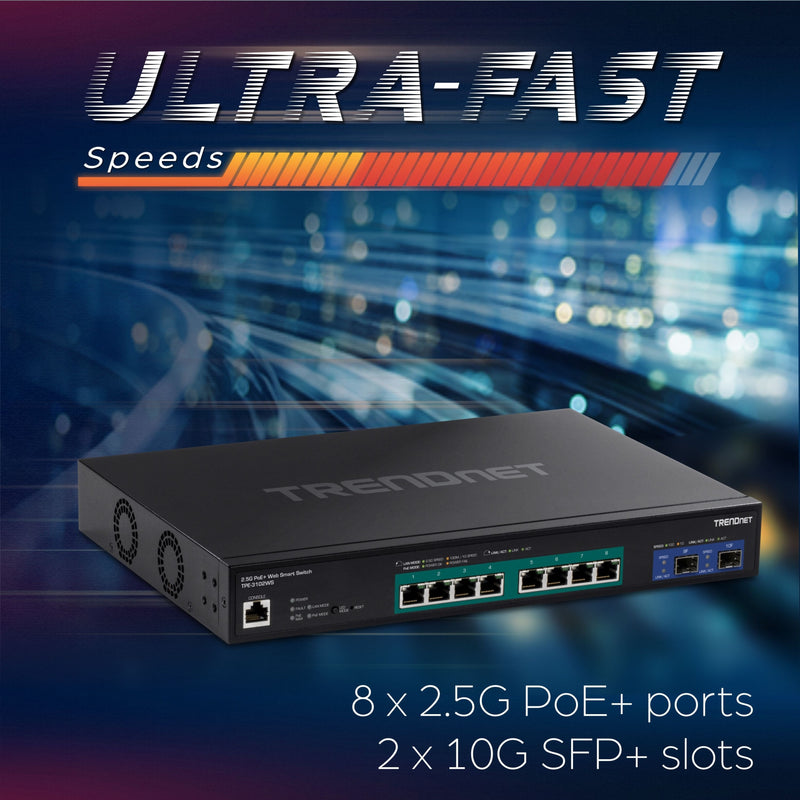 Marketing image showing ultra-fast speed capabilities of the TPE-3102WS switch