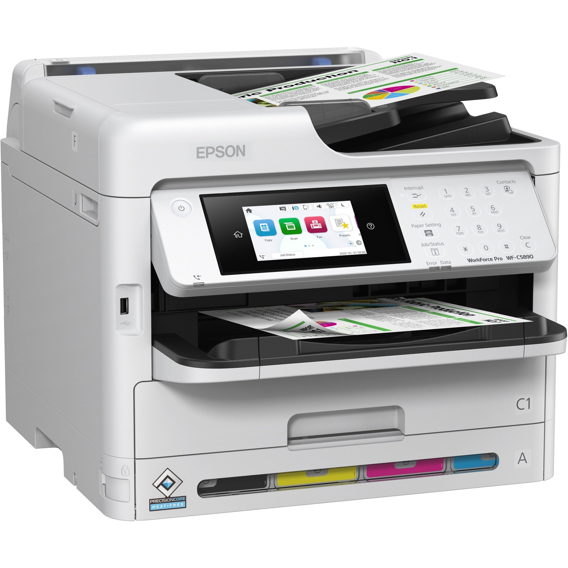 Epson WorkForce Pro WF-C5890 multifunction printer with 4.3-inch color touchscreen display and paper loaded-alternate-image1