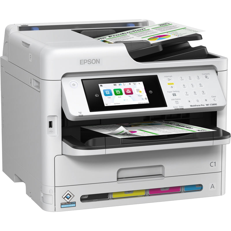 Epson WorkForce Pro WF-C5890 multifunction printer with 4.3-inch color touchscreen display and paper loaded